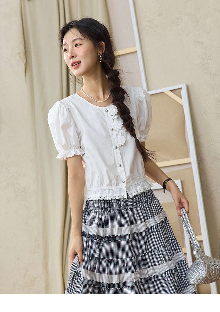 MISHOW Sweet Lace Pufff Sleeve Shirt Summer 2025 Flower Single Breasted Buttons Short Shirts Hem Elastic Waist Tops MXE34X1820