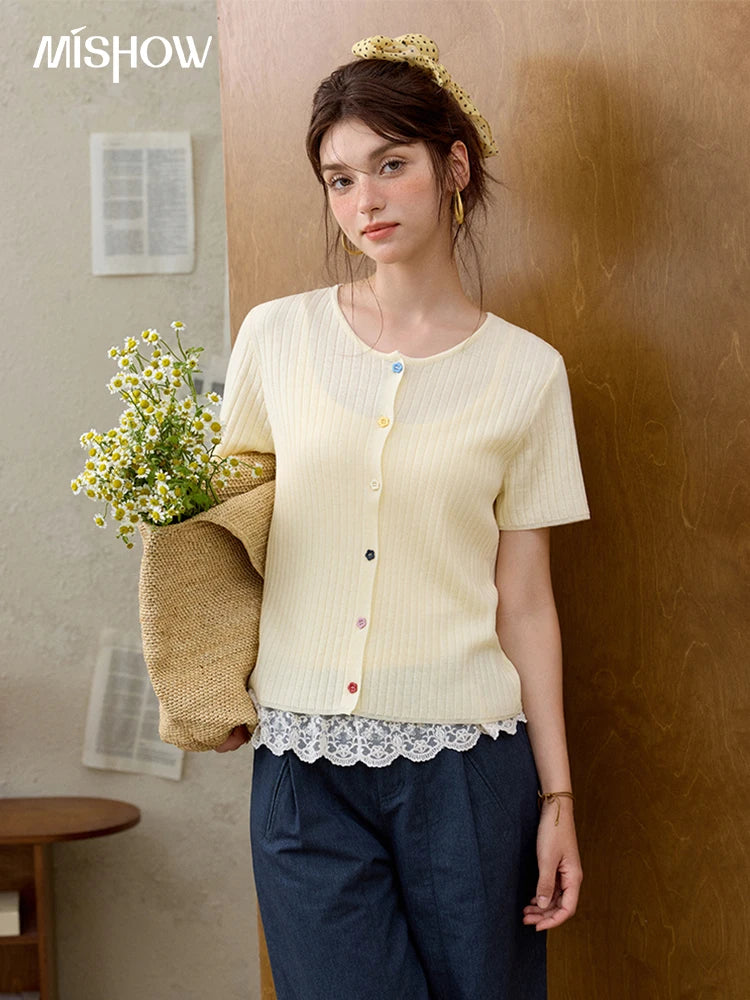 MISHOW Casual Summer Cardigan Women 2025 Short Sleeve Round Neck Solid Thin Knitted Pullovers Female Slimming Tops MXE34Z1268