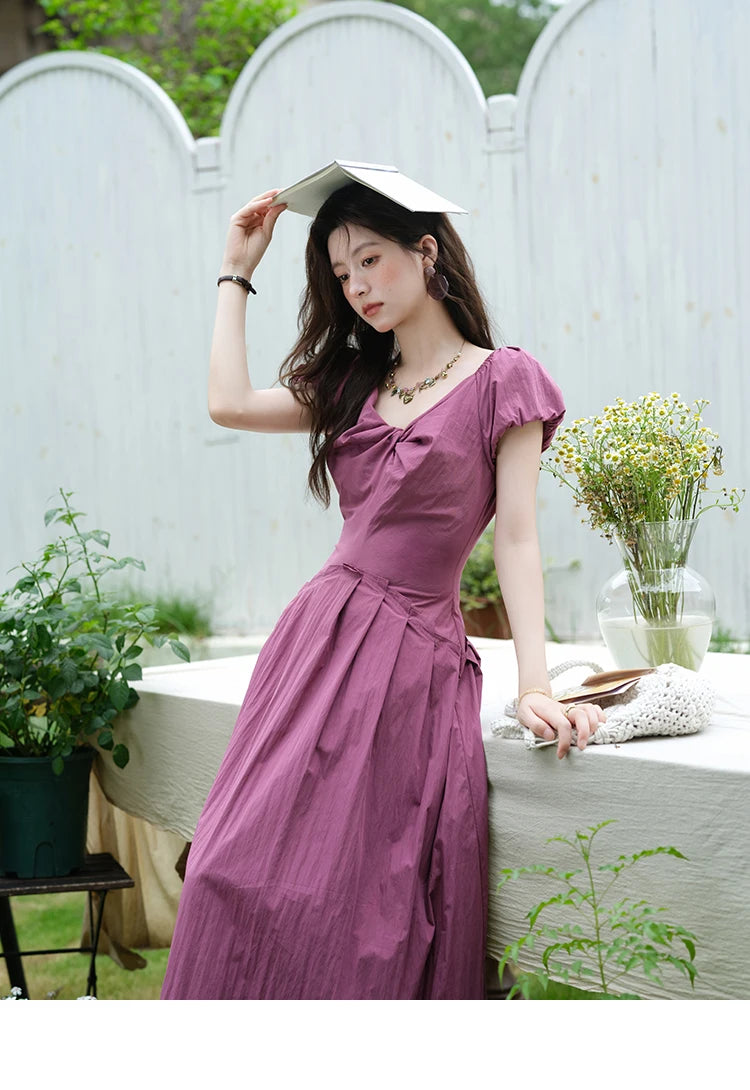 Mishow V-Neck Puff Sleeve Solid Vacation Dress MXE39L2384