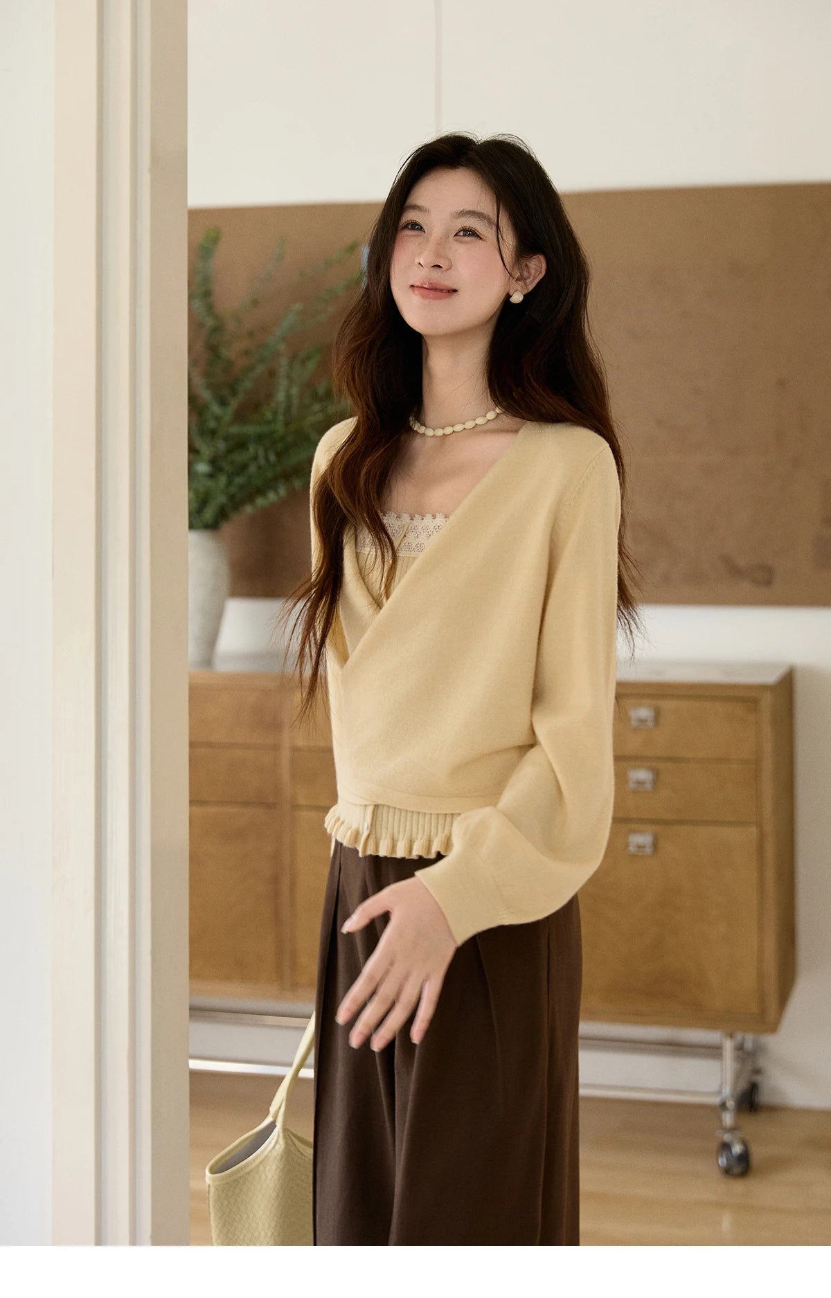 MISHOW Women's Yellow Two-Piece Set 2026 Spring Ruffled Hem Camisole Lace Trim Knitted Cardigan Casual Slim Outfit MXF11T1472