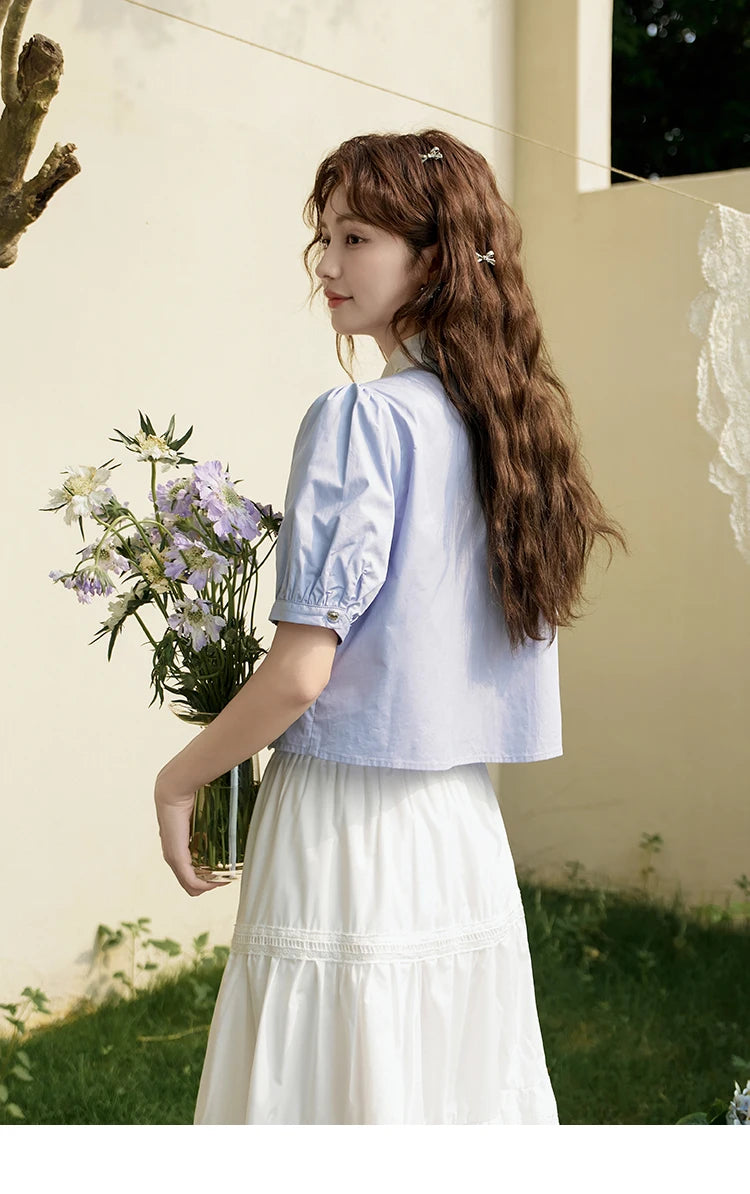 MISHOW Women's Summer Button Up Shirt Puff Sleeve Blouse Lace Lapel French Retro Contrast Top Korean Popular Clothes MXD26X1451