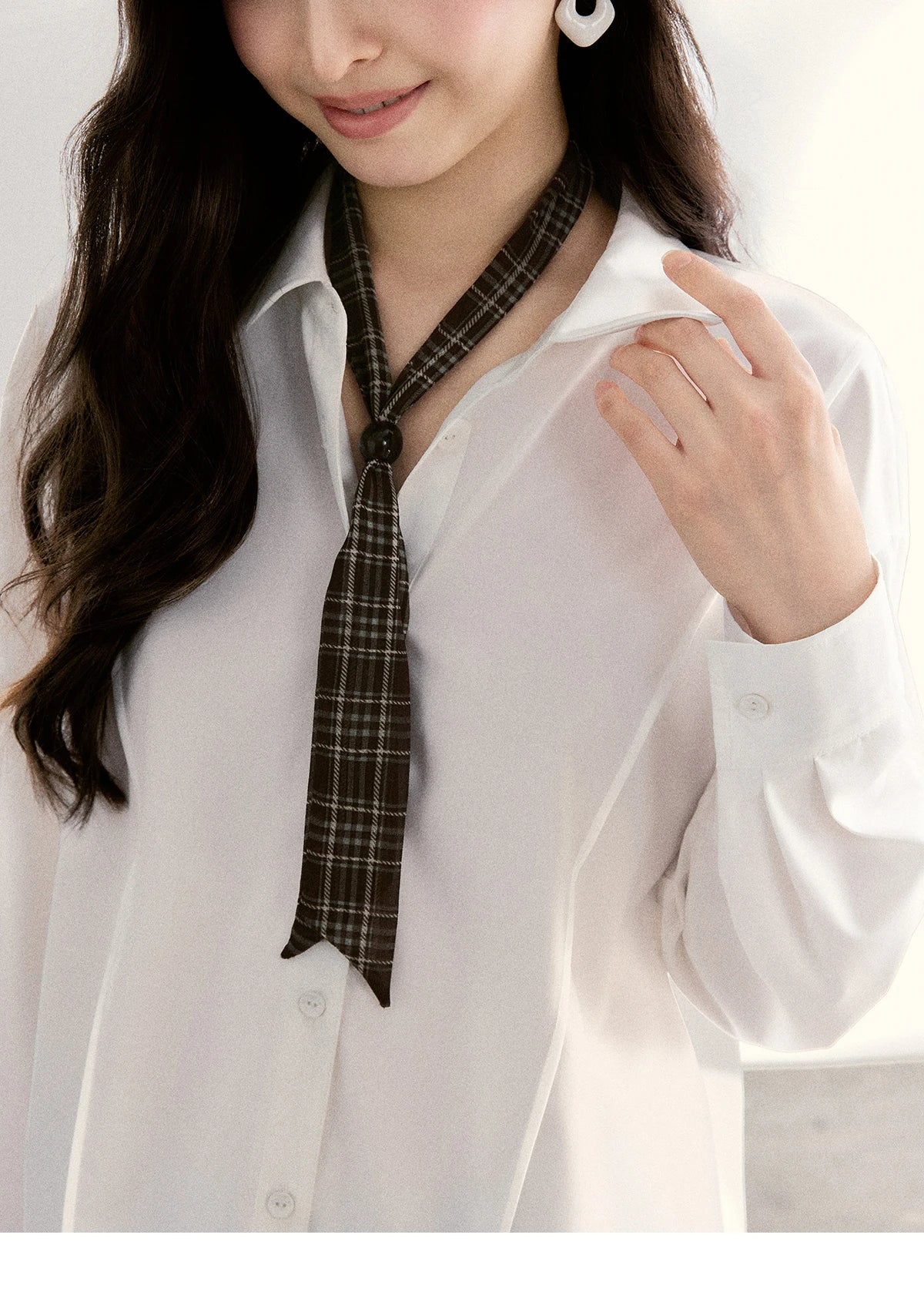 MISHOW Women's Casual Loose Shirt with Plaid Scarf 2026 Spring Lapel Tops Versatile Long Sleeve Shirts Office Lady MXF108C0815