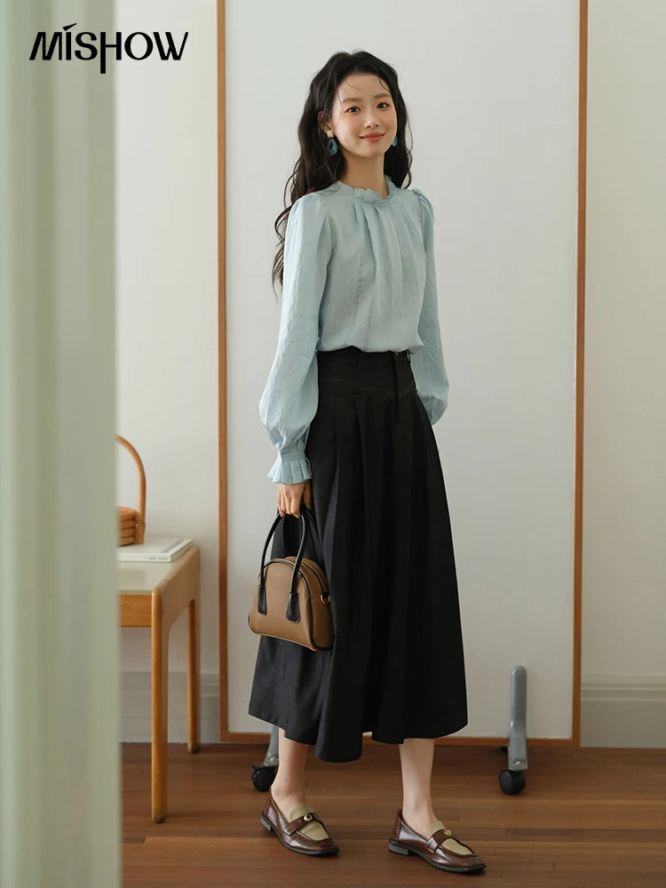 MISHOW Blue Jacquard Texture Blouses 2025 Autumn Black Fungus Edged Stand Collar Blouse Bubble Sleeves Commuting Top MXE41X1934