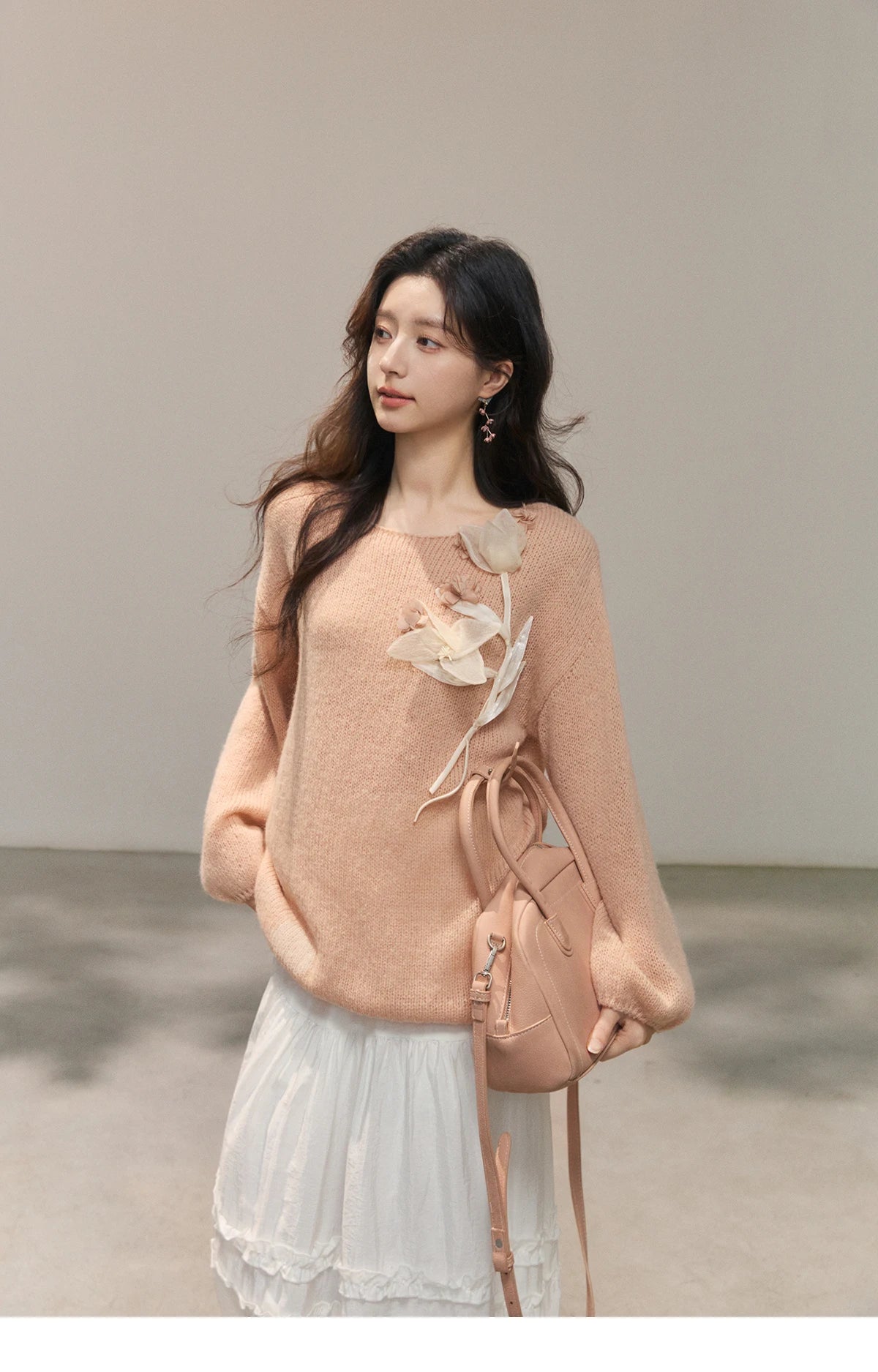 MISHOW 3D Floral Applique Crew Neck Knit Thin Sweater 2026 Spring Loose Casual Elegant Top Soft Pinkish Beige Sweater MXE47Z2649