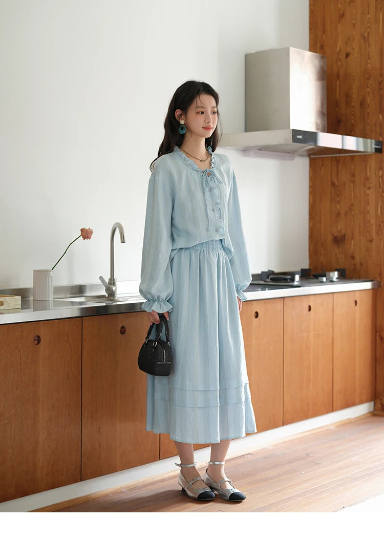 MISHOW Women's Light Blue Striped Linen Suit 2025 Autumn Fungus Edge V-neck Lace-up Shirt Elastic Waist Skirt Two pcs MXE41T0700