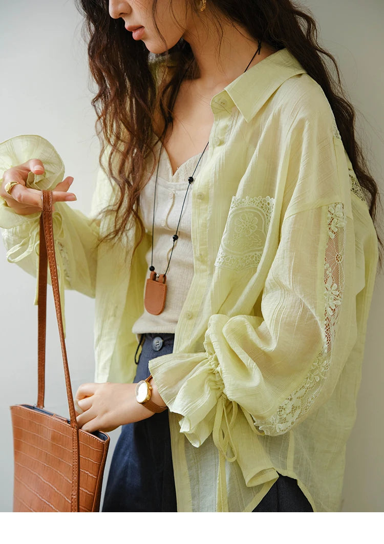 MISHOW Blend Patchwork Lace Cool Shirt Female Autumn 2025 Korean Loose Lapel Drop Sleeve Shirts Drawstring Cuffs Top MXE31C0789