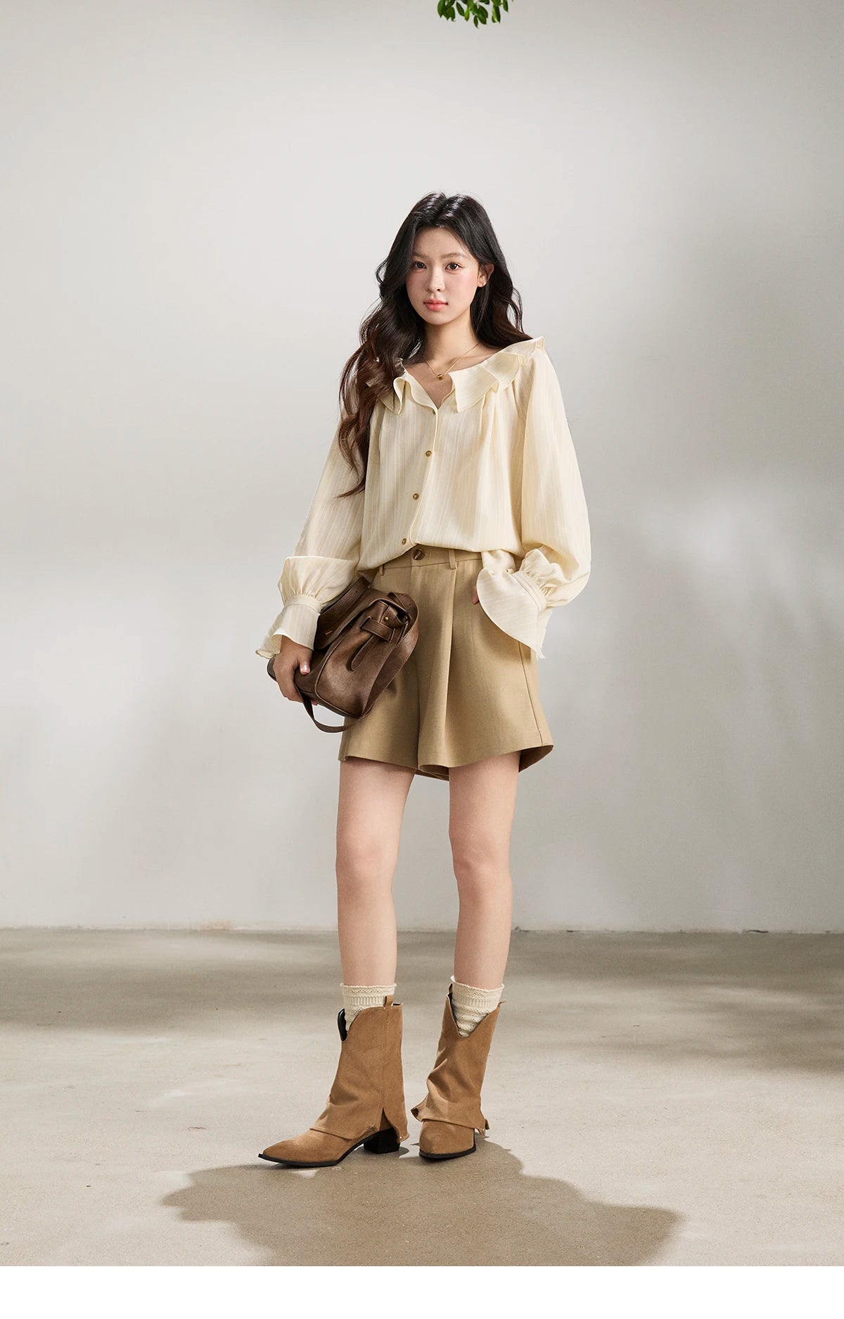 MISHOW Women's Ruffled Collar Striped Shirt 2026 Spring Flare Sleeve Elegant Casual Loose Long Sleeve Top Office Lady MXF13C2438