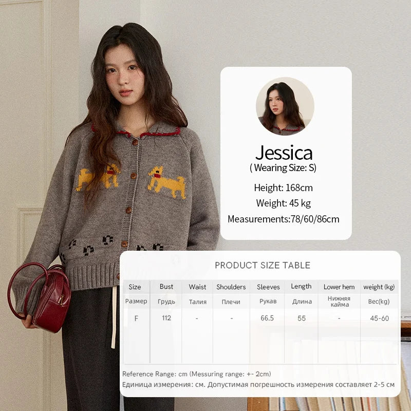 MISHOW Dog Cartoon Jacquard Knitted Cardigan for Women 2025 Loose Retro Turn-down Collar Casual Women's Sweaters MXE86Z2727