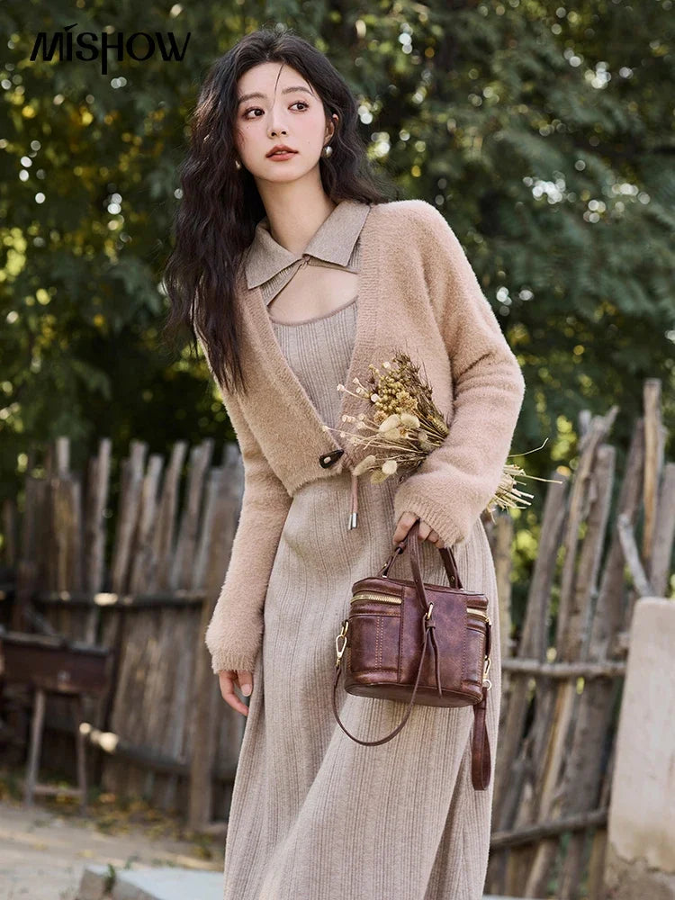 MISHOW Women’s Sweater Top Dress Separately 2024 Fall Winter Fashion Imitation Mink Fur Sweet Coat Knitted Dress MXD45L2043