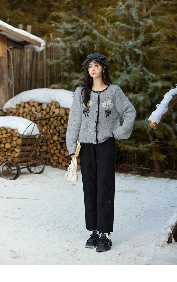 MISHOW Wool Blend Knitted Cardigan Pure Bouquet Embroidery Sweater Women Color Clash Design Soft Warm Regular Fit Top MXD54Z0951