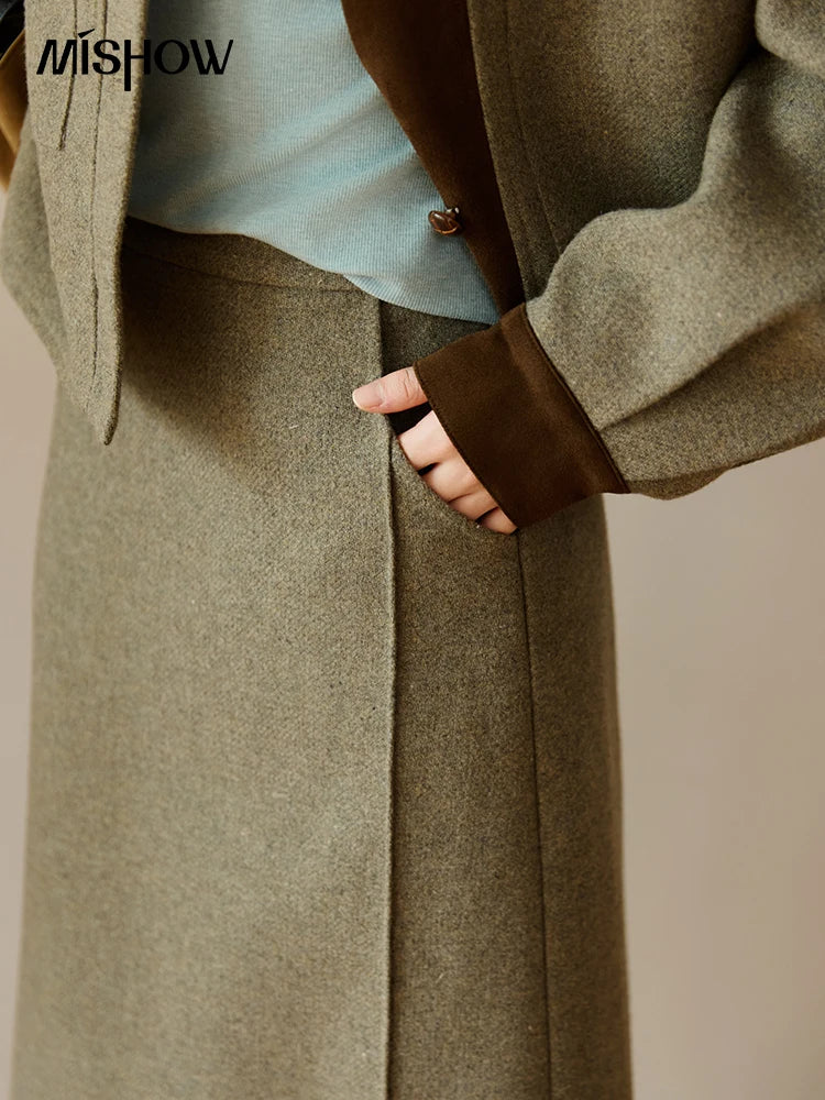 MISHOW Women's Wool A-line Skirt 2025 Autumn Winter Retro Suede Woolen Rear Hem Slit Skirt Versatile Waist Skirts MXE46B2426