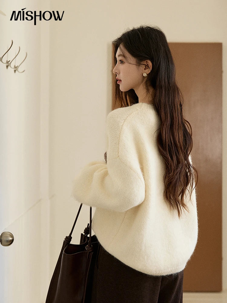 MISHOW Women's Solid Knitted Sweater 2025 Autumn Winter Dog Pattern Jacquard Crew Neck Fluffy Warm Loose Pullover Top MXE94Z2988