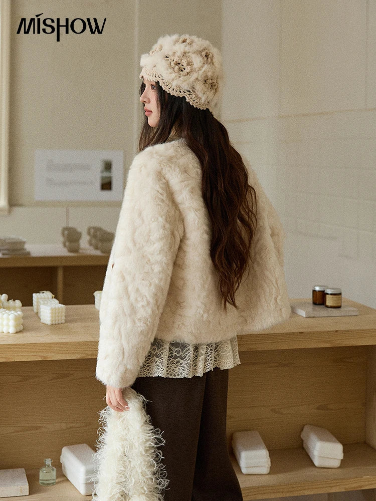 MISHOW Women's Winter Jacket 2025 Sweet Pink Faux Rabbit Fur Coat with Pockets Handcrafted Vintage Buttons Outerwear MXE87W0990