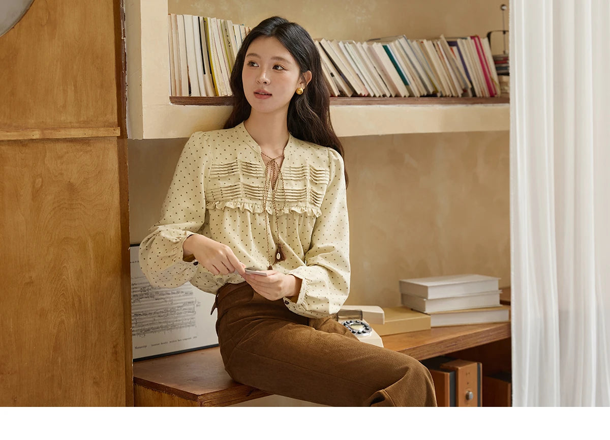 MISHOW Women's Polka Dot Ruffled Shirt 2025 Autumn Vintage Tie Tassel Round Neck Long-Sleeve Top Loose Casual Blouse MXE45X2477