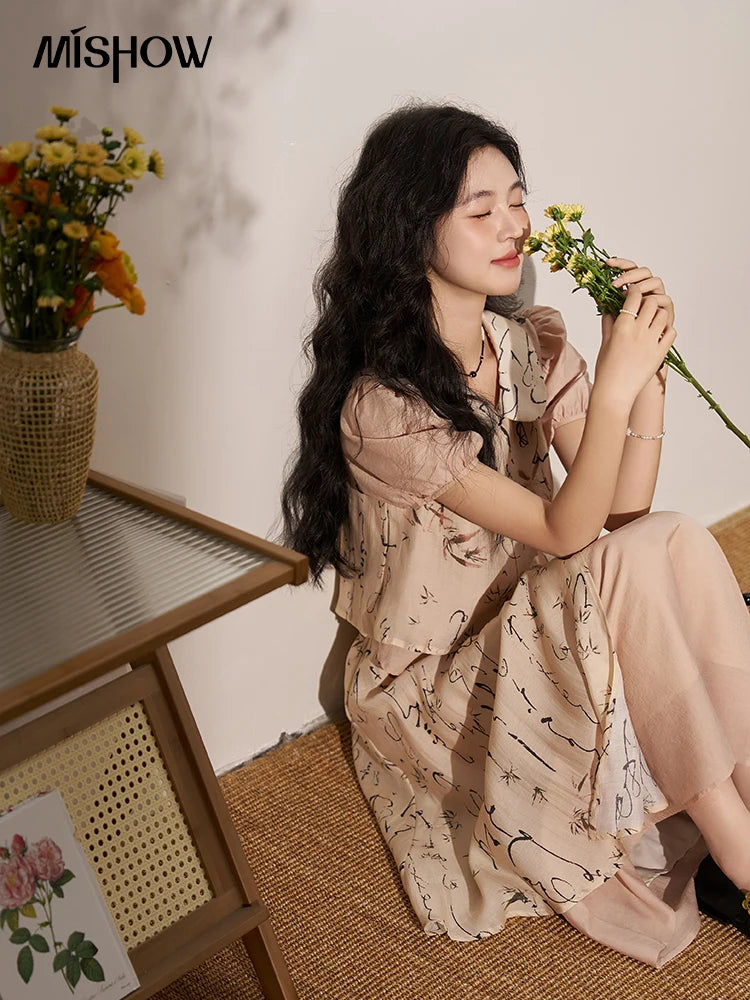 MISHOW Chinese Polo Neck Top Asymmetric Fork Skirt Separately Summer Floral Puff Sleeve Shirt High Waist A-line Skirt MXD22X1396