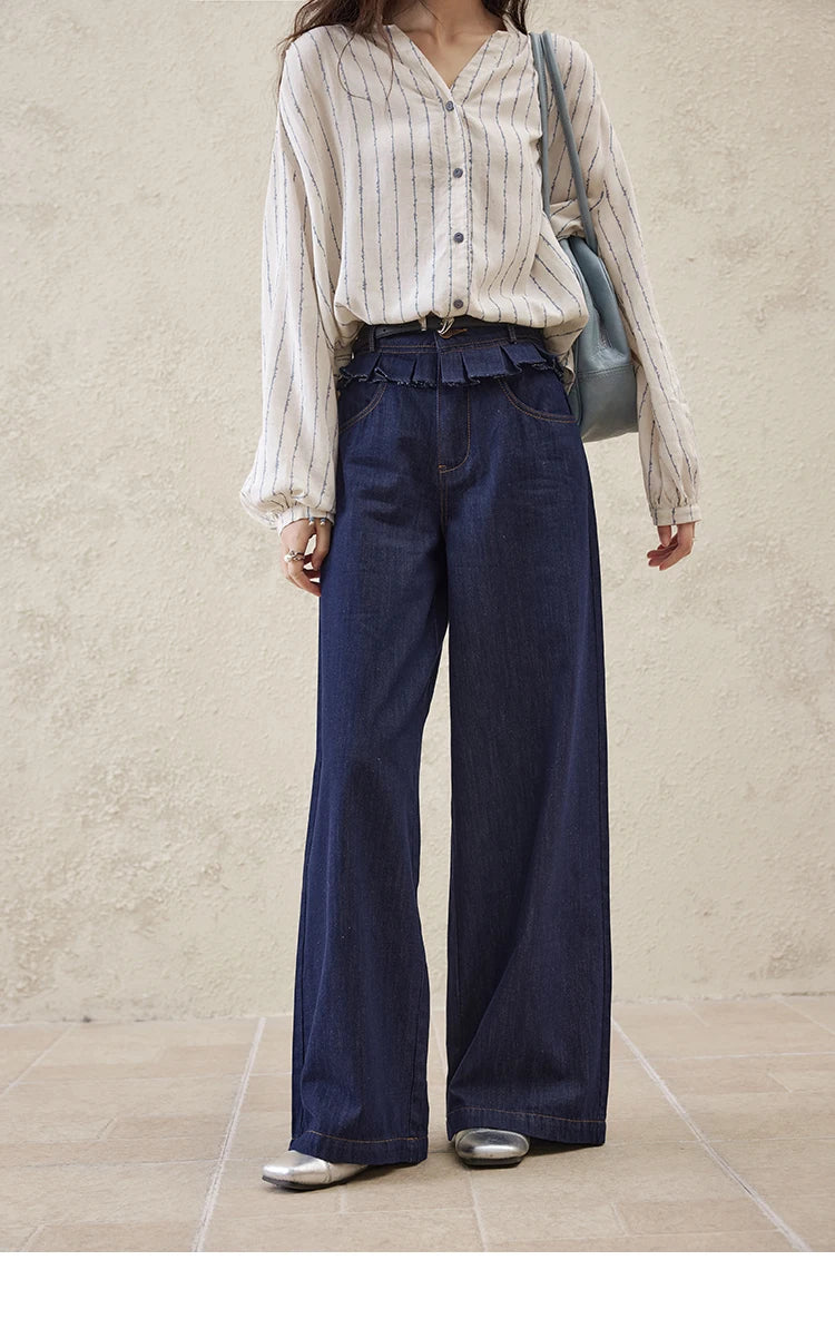 MISHOW Casual Spring Summer Jeans for Women 2025 Stitching Ruffle High Waist Jeans Female New Fashion Wide Leg Pants MXE16K0907