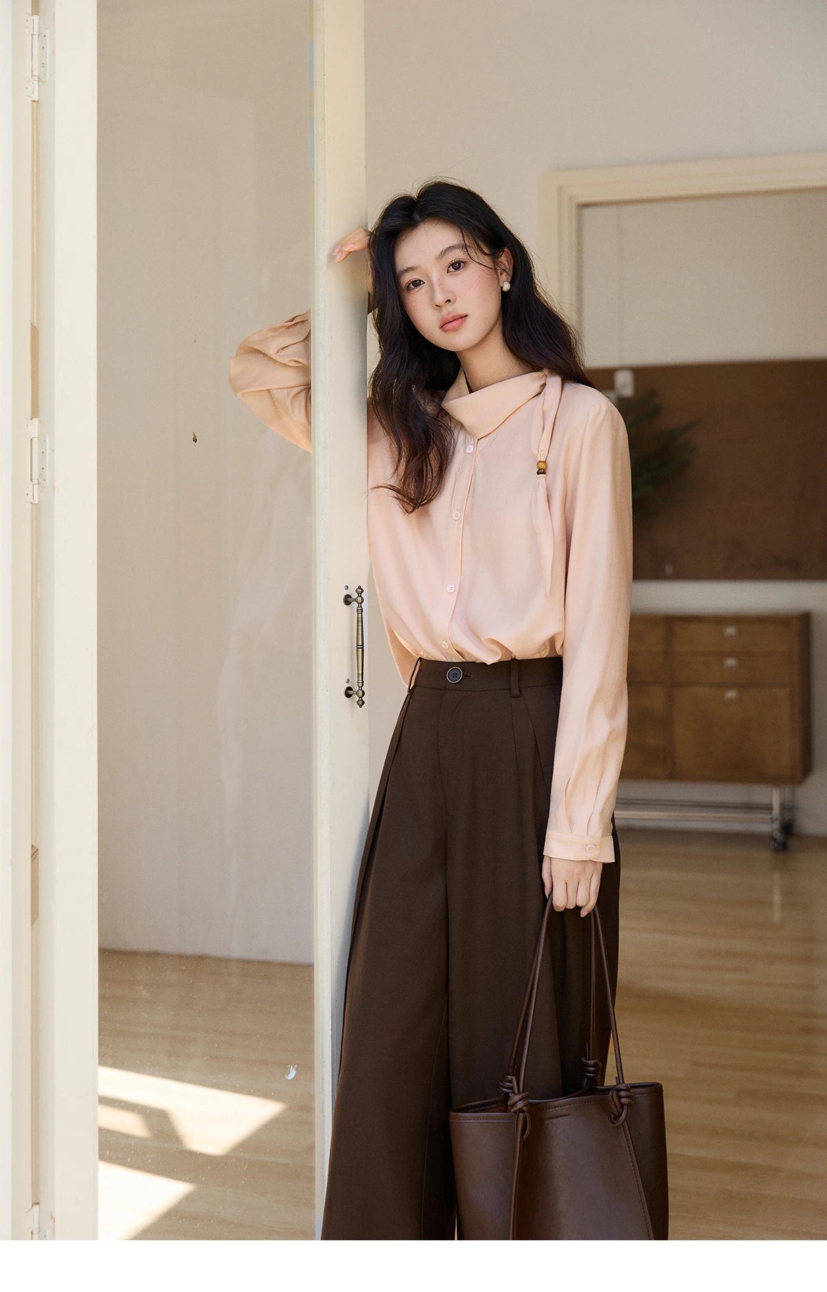 MISHOW Women's Nude Pink Shirt Spring Versatile Ribbon Stand Neck Shirts Button-Down Casual Commute Long Sleeve Top MXE11X2547