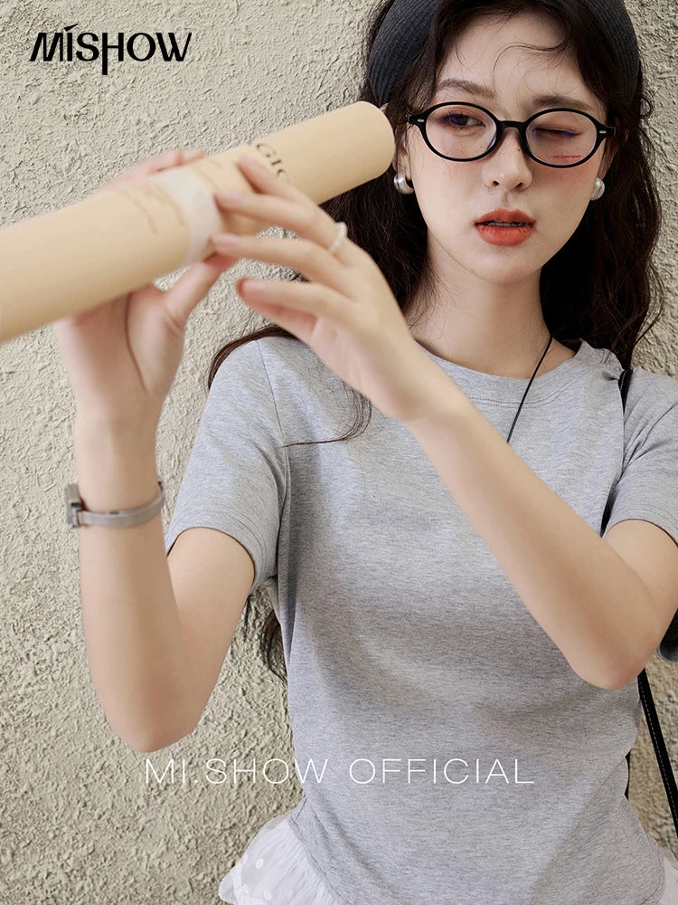 MISHOW Lace Hem Splicing T-shirt for Women Spring/summer 2025 Round Neck Versatile Top Streetwear Solid Casual Tees MXE31T0528