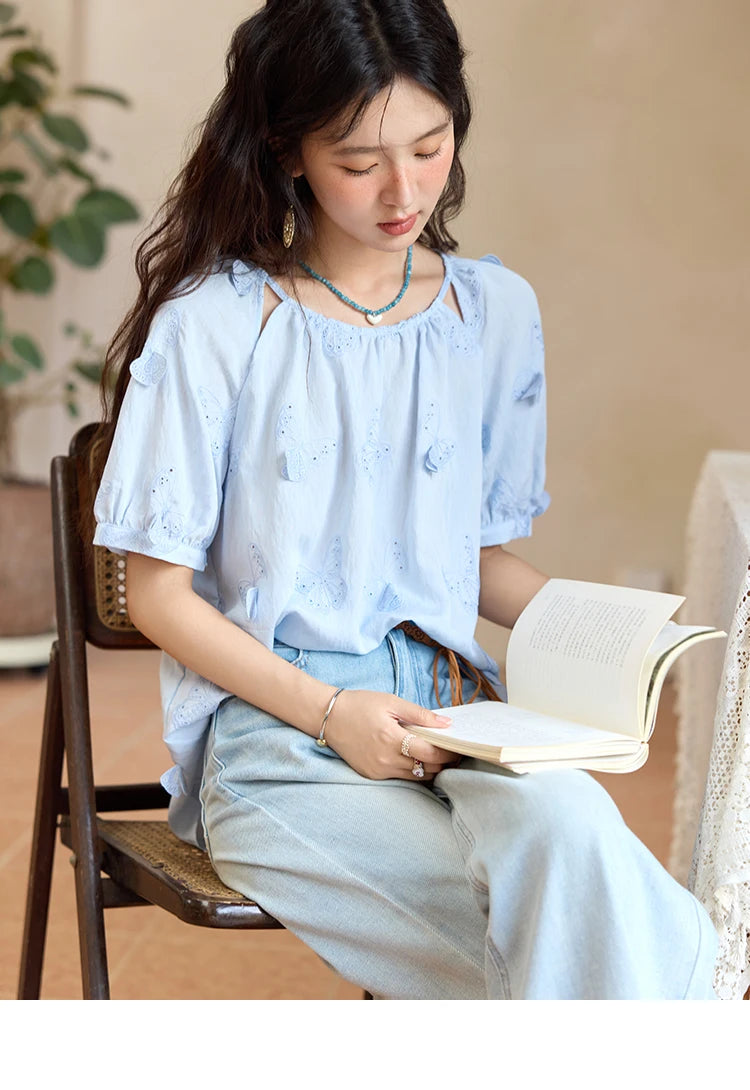 MISHOW Women's Butterfly Embroidery Blouse 2025 Summer New Fashion Hollow Out O-Neck Casual Top Female Clothing MXE36X1878