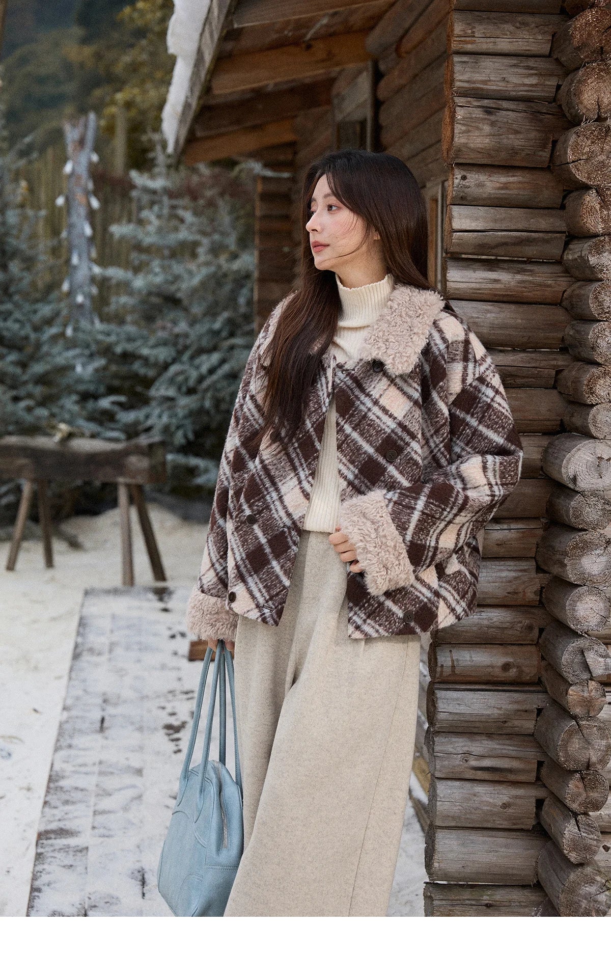 MISHOW Woman Jacket 2025 Autumn Winter Loose Retro Plaid Turn-down Collar Short Jacket Commute Warm Wool Blend Coat MXE89W0904