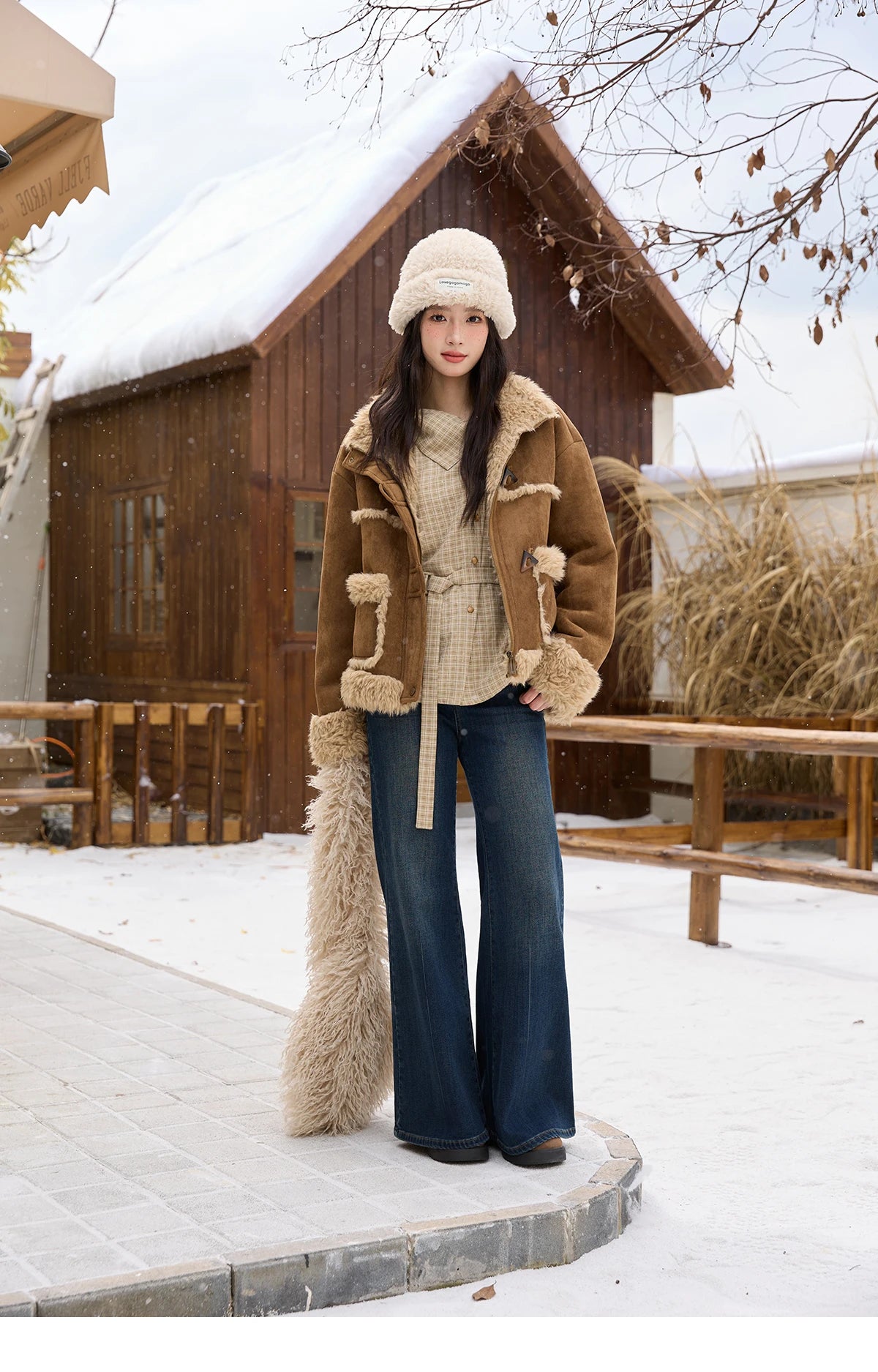 MISHOW Khaki Suede Jacket for Women 2025 Winter New Retro Stand Collar Zippered Jacket Pockets Long Sleeves Top MXE88W0886