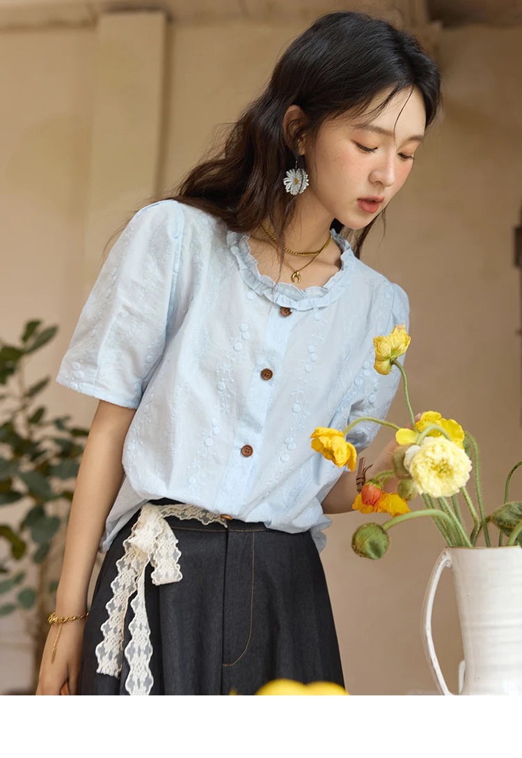 MISHOW 100% Cotton Women's Puff Sleeve Shirt 2025 Summer New Fashion Round Neck Button Top Casual Female Clothing MXE36X1873