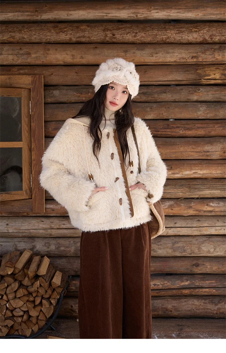 MISHOW Winter Jacket Women 2025 Fashion Beige Knitted Hooded Plush Coat Casual Commute Warm Windproof Short Coat MXE86W0908