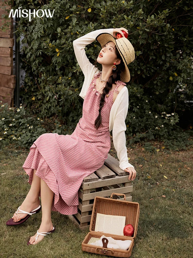 MISHOW Red Plaid Summer Camisole Dress Women New 2025 Sleeveless Elastic Waist Retro Dresses Woman Sweat Fashion MXE32L2198