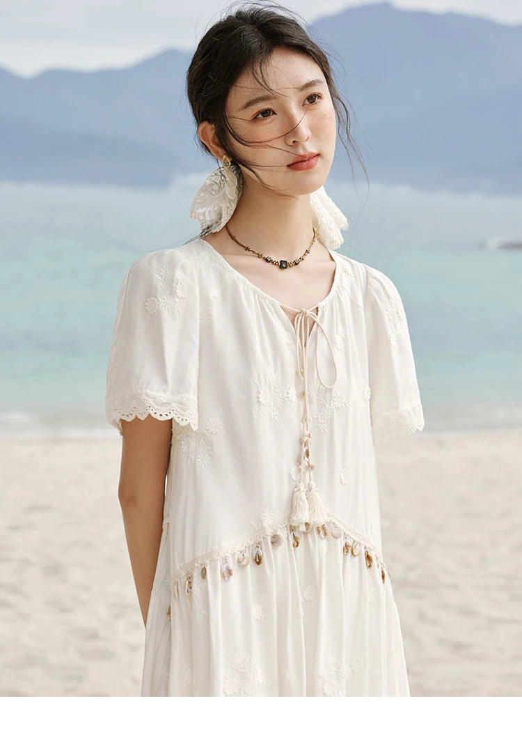 MISOHW Bohemian Solid Women's Summer Dress New 2025 Short Sleeve V-neck Shell Lace Midi Dresses for Woman Fashion MXE33L2195