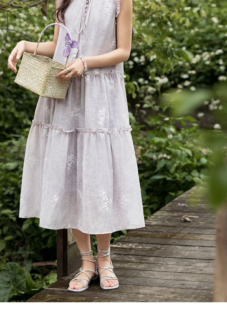 MISHOW Summer Embroidered Dress for Women 2025 New Round Neck Ruffled Sleeveless A-line Midi Dresses Female Fashion MXE33L2231