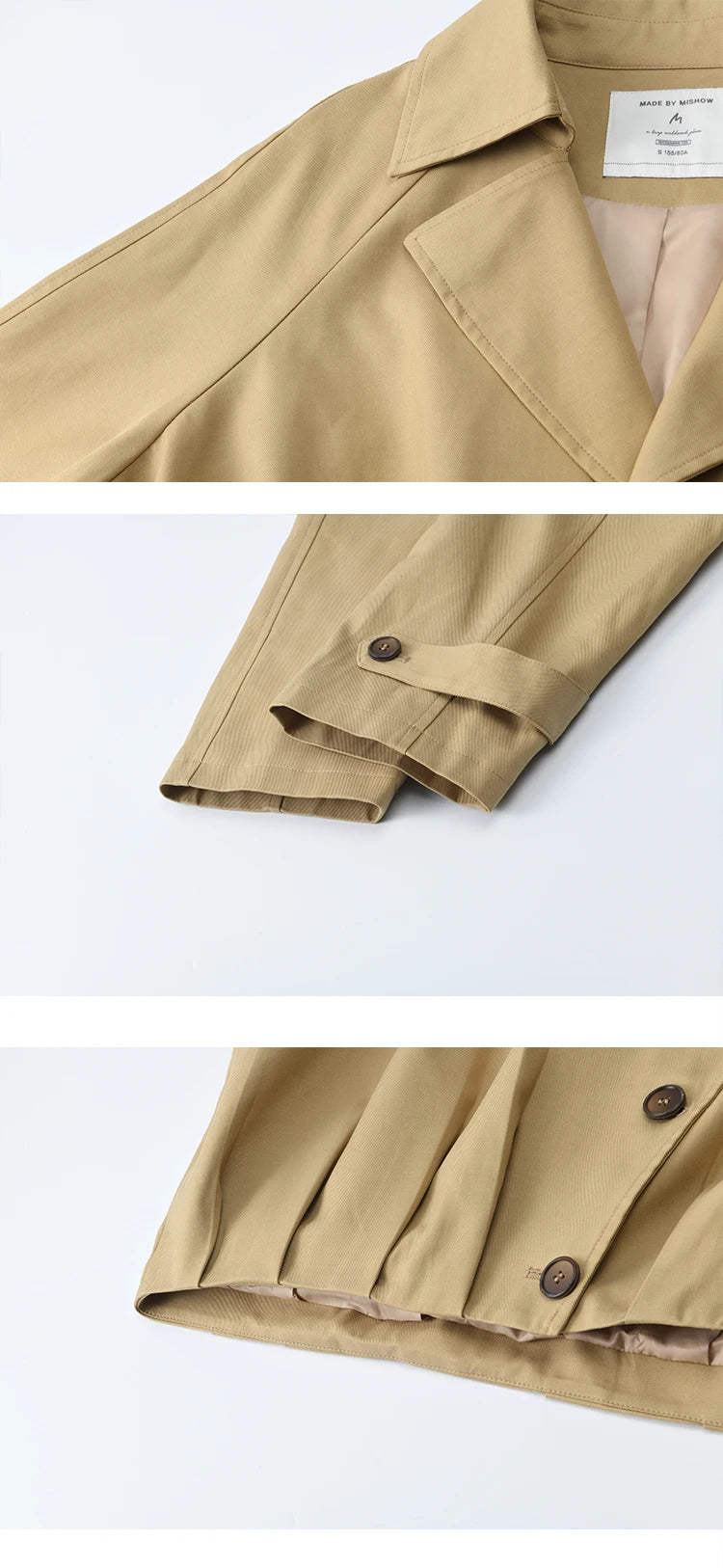 MISHOW Cotton Trench for Women 2025 Autumn Khaki Handmade Pleated Short Jacket Lapel Two Buttons Trench Office Lady MXE43W0804