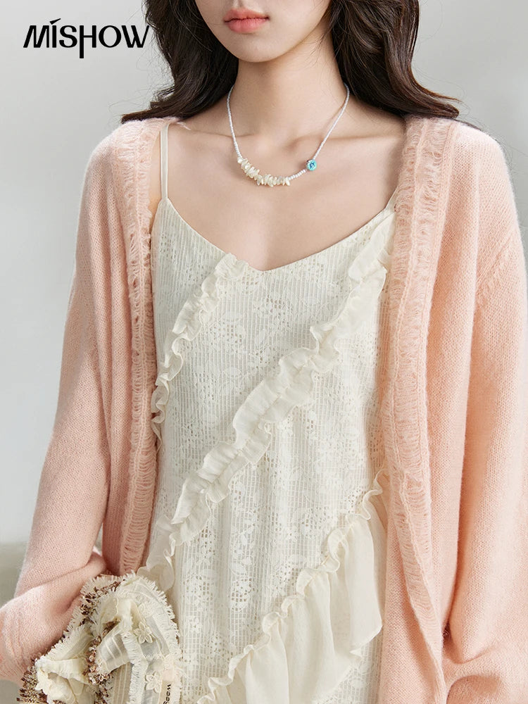 MISHOW Women's Cream Irregular Lace Slip Dress 2026 Spring V-Neck Ruffled Maxi Dresses Casual A-line Romantic Dress MXF108L1005