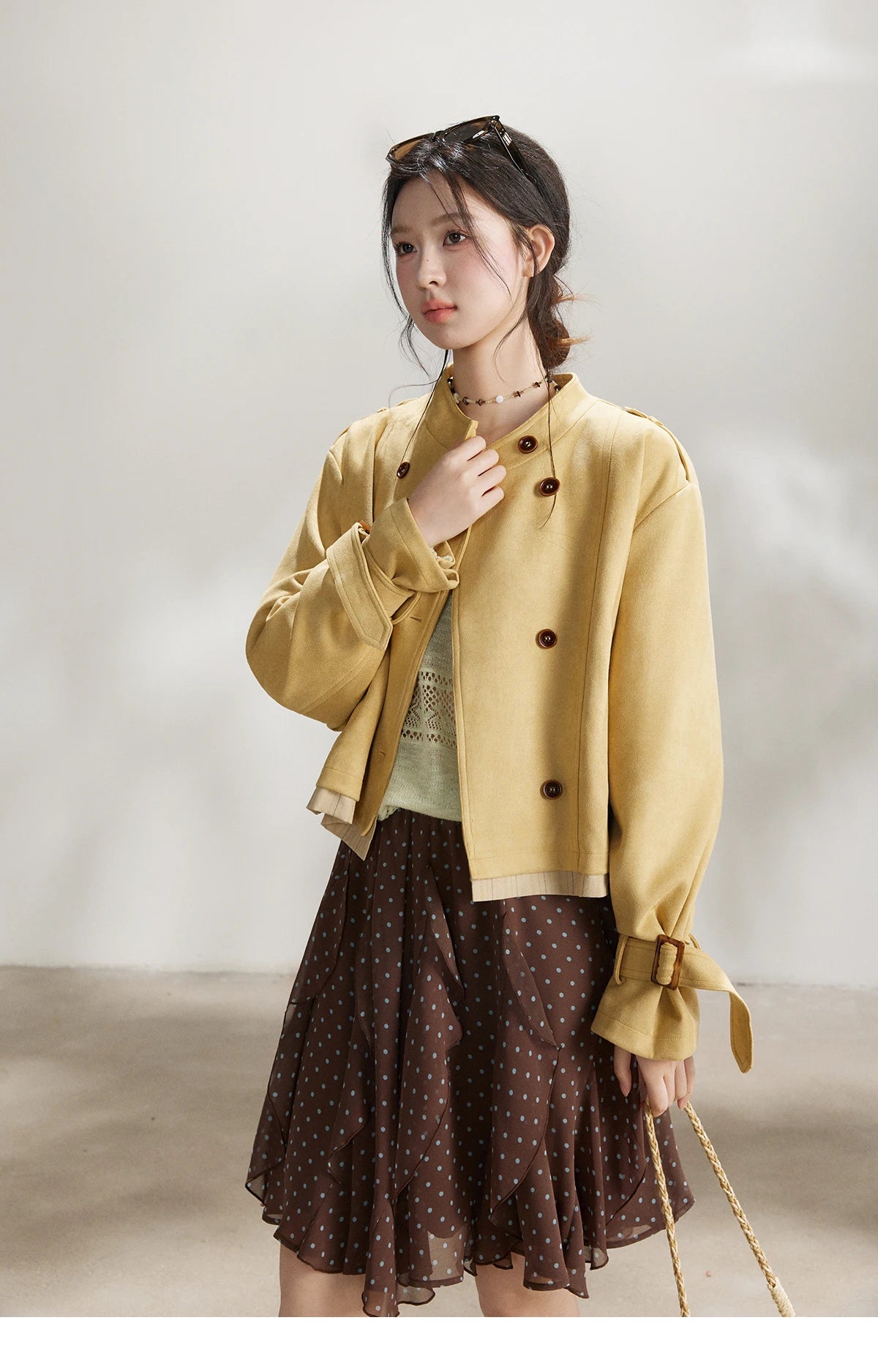 MISHOW Women's Yellow Double-Breasted Trench Stand Collar Coat Adjustable Cuffs Splicing Striped Hem Casual Outerwear MXF11W1026