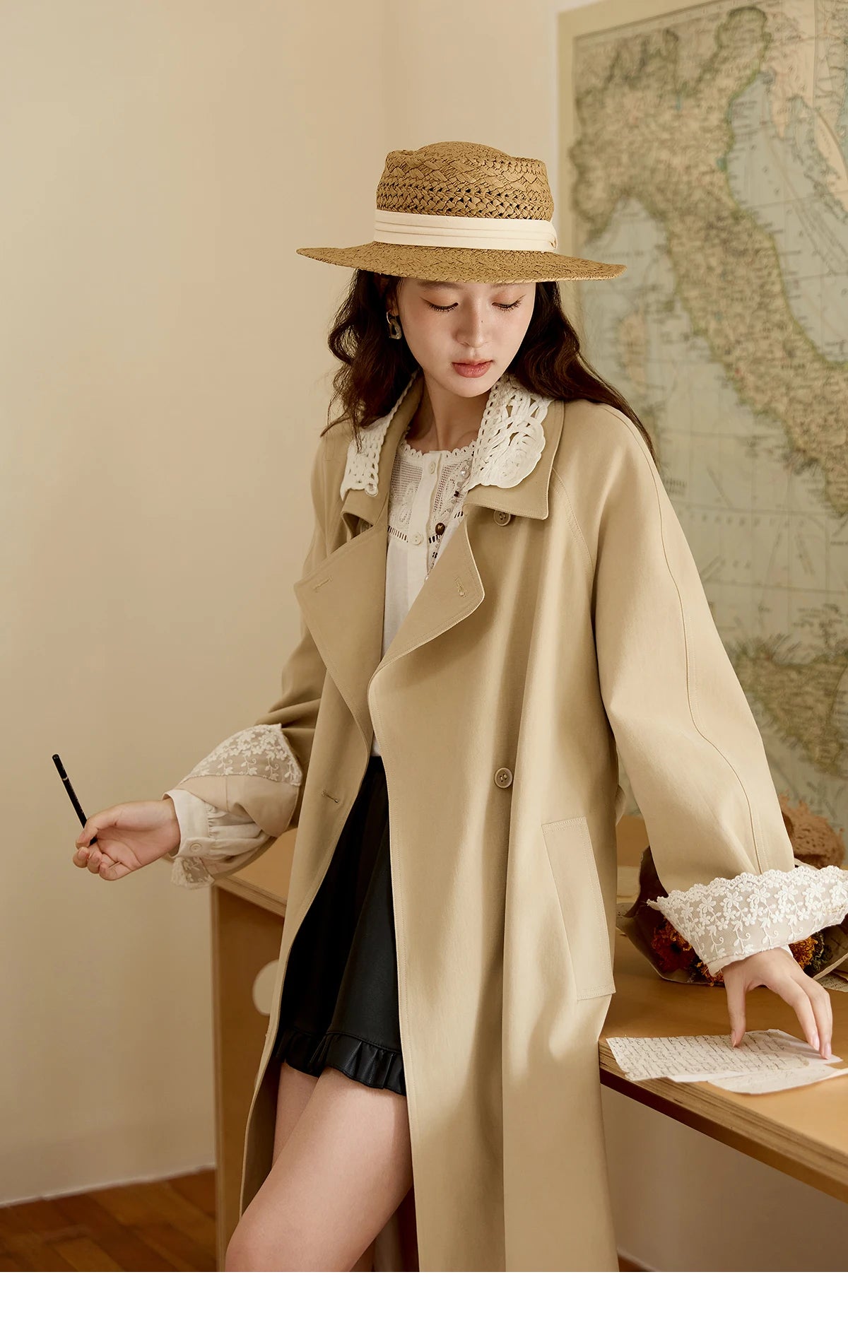 MISHOW Trench Coat Women 2025 Autumn Fashion Light Khaki Lace Long Windbreaker Jacket Long-sleeved Coat with Belt MXE45W0830
