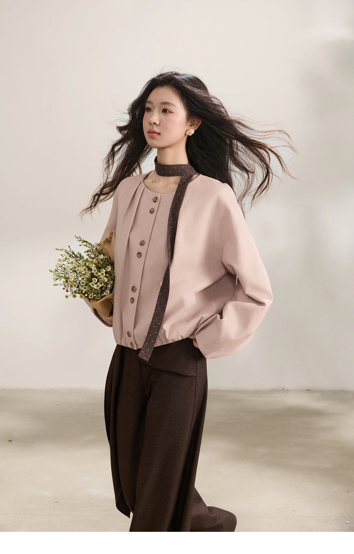 MISHOW Women's Pink Flower Bud Leather Jacket Spring 2026 Crew Neck Single-breasted Coats Casual Loose Cropped Coat MXF108W1001