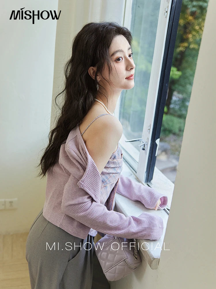 MISHOW Women's Plaid Camisole 2025 Spring Contrasting Retro Bowknot V-neck Waist Slim Top Back Elasticity Sweet Tanks MXE11D0046