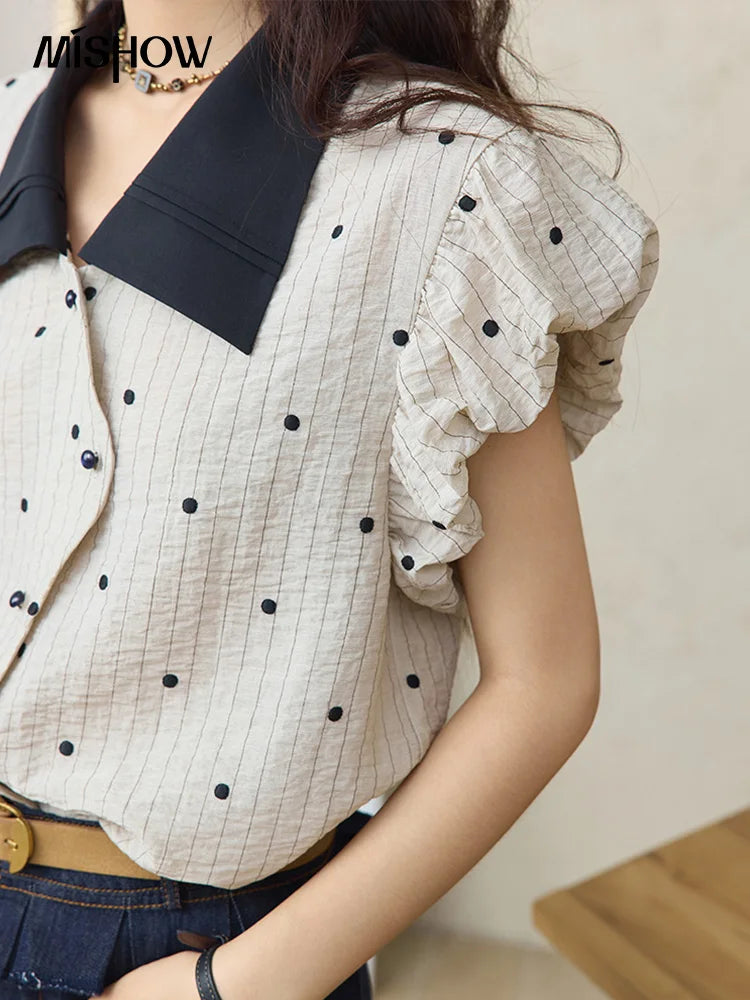MISHOW Summer Office Lady Blouses Women 2025 Short Sleeve Turn-down Collar Polka Dot Shirts Female Fashion Slim Tops MXE31C0776