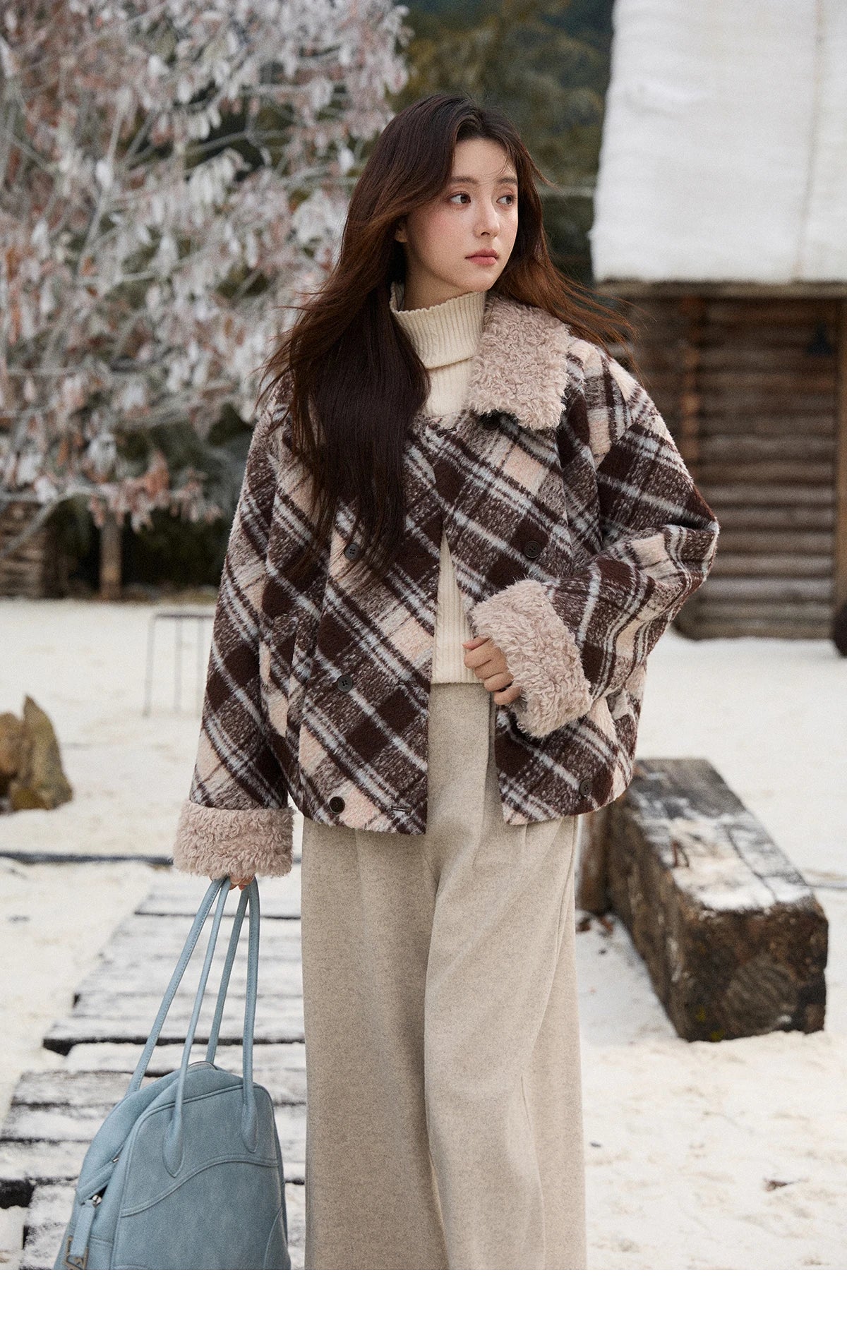 MISHOW Woman Jacket 2025 Autumn Winter Loose Retro Plaid Turn-down Collar Short Jacket Commute Warm Wool Blend Coat MXE89W0904