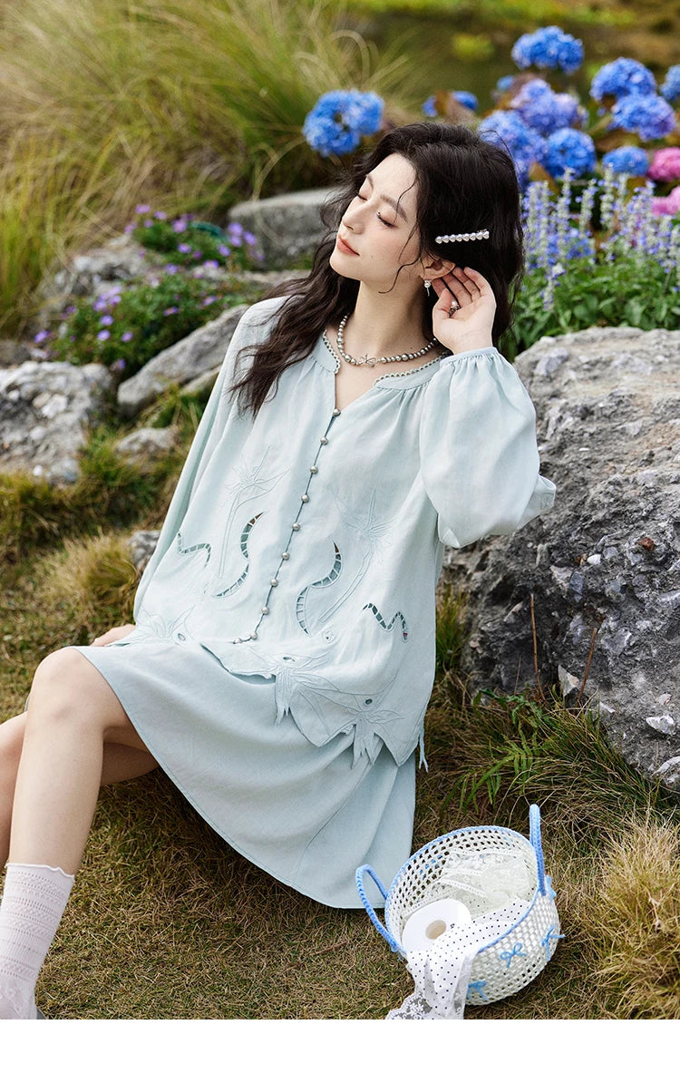 MISHOW Women's Sweet Blouses A-line Skirts Set Vintage Hollow Out Embroidery Loose Shirt Solid Skirt Two-piece Set MXE12T0455