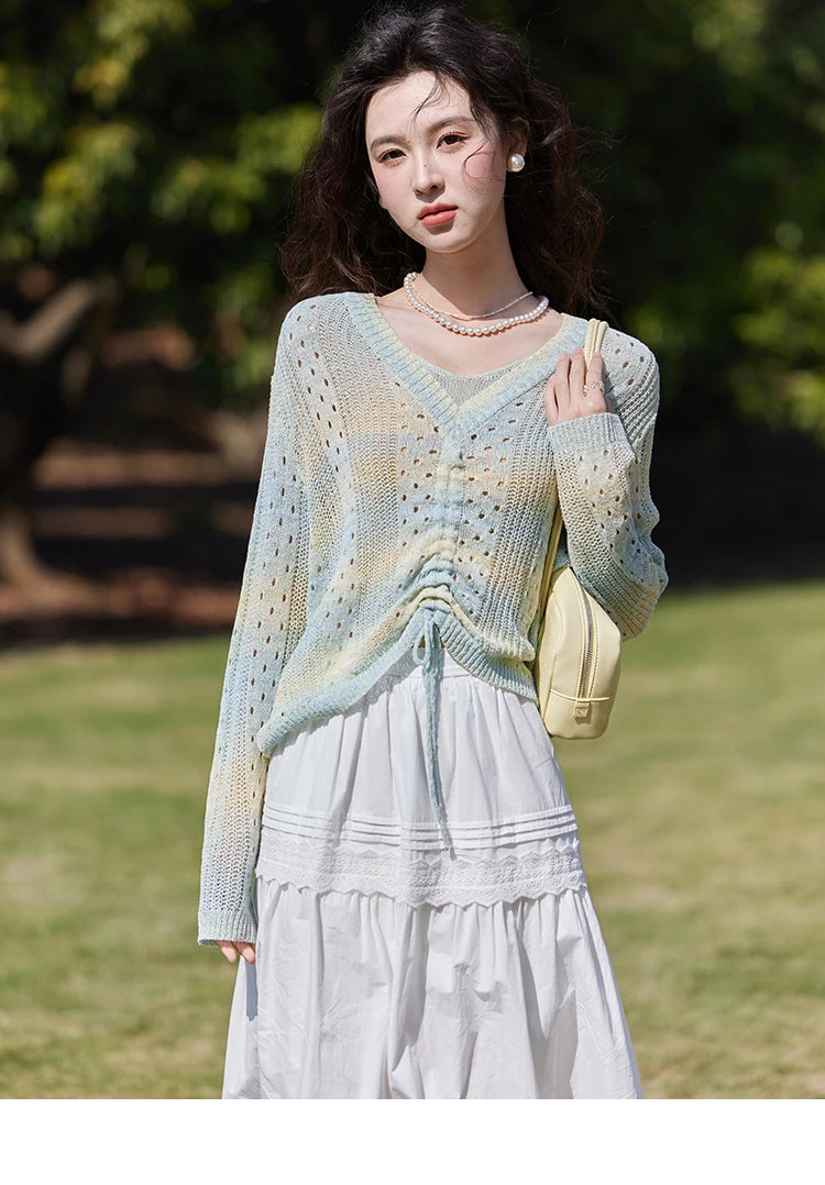 MISHOW Gradient Blue Green Knitted Sweater Women 2025 Autumn Long Sleeve V-neck Drawstring Tops New Fashion Sweaters MXE16Z1171