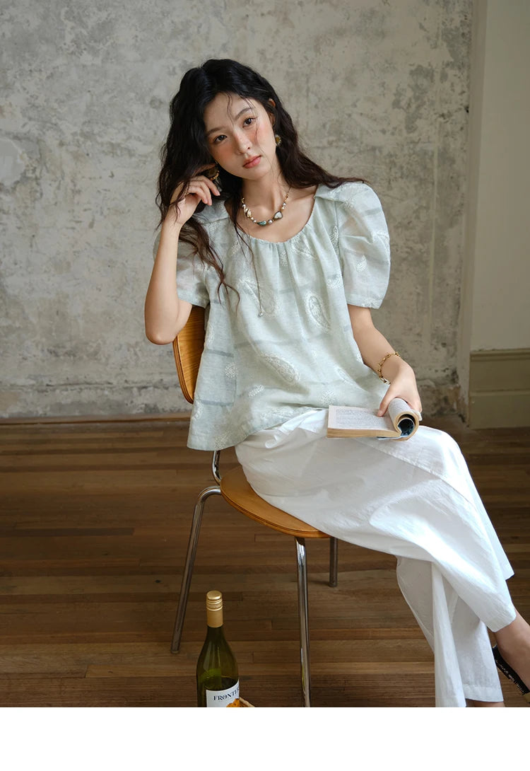 MISHOW O-Neck Blouse for Women 2025 Summer New Fashion Print Embroidery Puff Sleeve Loose Casual Top Ladies Clothing MXE34X1807