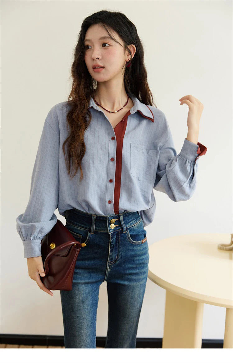MISHOW Striped Shirt for Women Autumn 2025 Blue Red Splicing Contrasting Color Shirts Laple Loose Retro Commute Top MXE46C2405