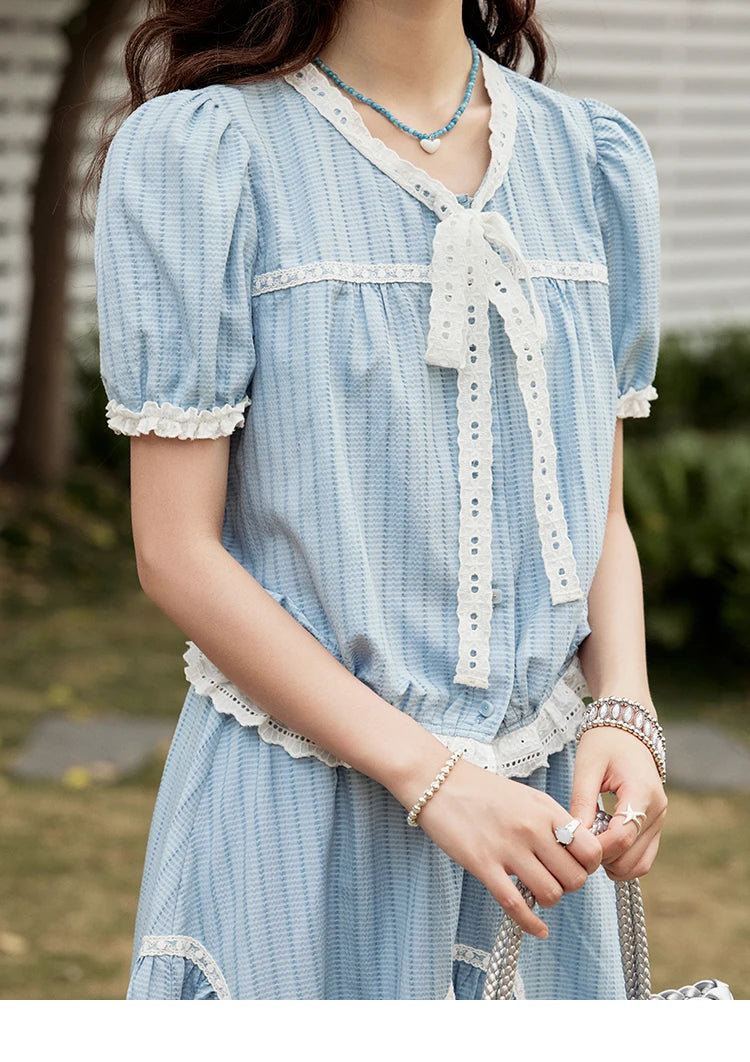 MISHOW Elegant Summer Skirts Sets Women 2025 Short Sleeve V-neck Tops Blue Stripe Lace A-line Skirt Woman Slimming MXE31T0531