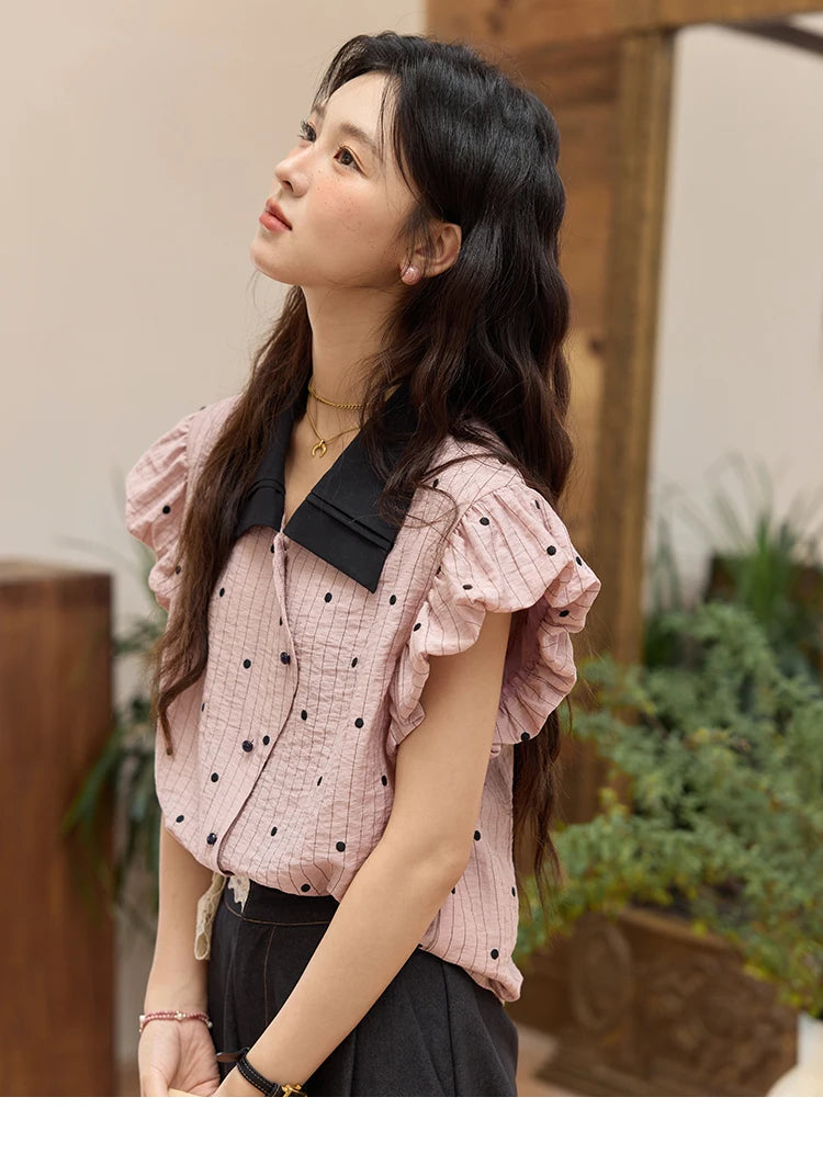 MISHOW Summer Office Lady Blouses Women 2025 Short Sleeve Turn-down Collar Polka Dot Shirts Female Fashion Slim Tops MXE31C0776