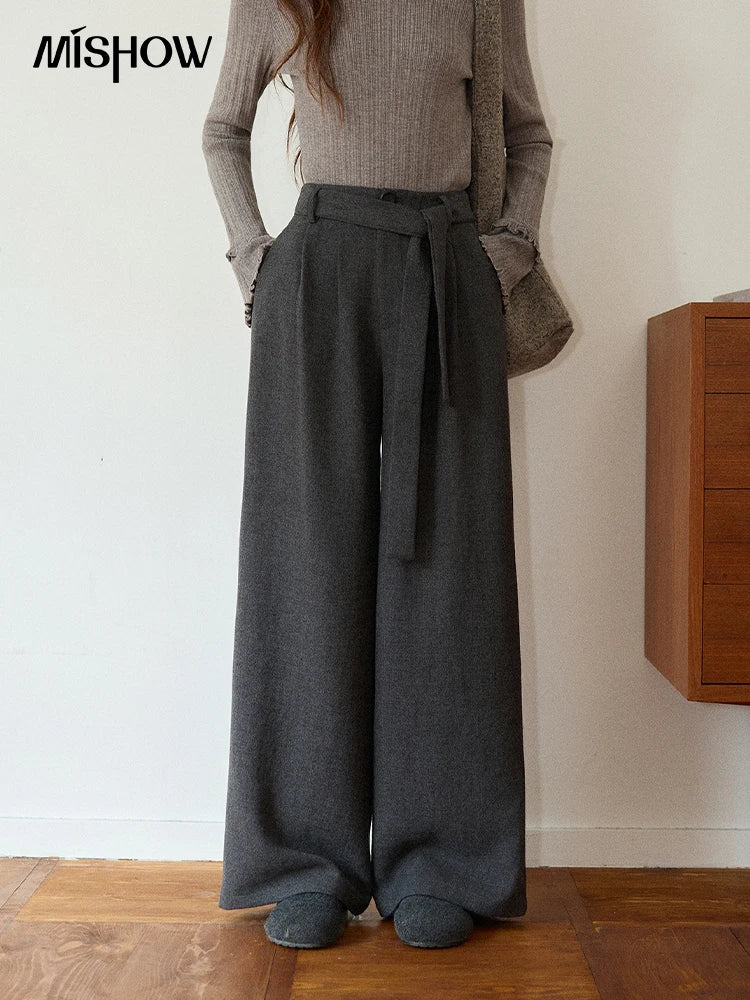 MISHOW Women's Winter Pants 2025 Retro Gray Wide-leg Pants Loose Warm Comfortable Commute Slim Trousers Woman Clothes MXE89K1099