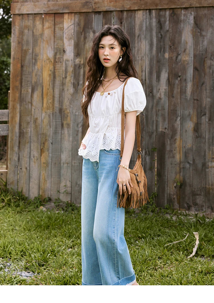 MISHOW French Summer Casual Blouses 2025 Solid Short Puff Sleeve Hem Hollow Cotton Tops Loose Collar Beading Blouse MXE33X1776