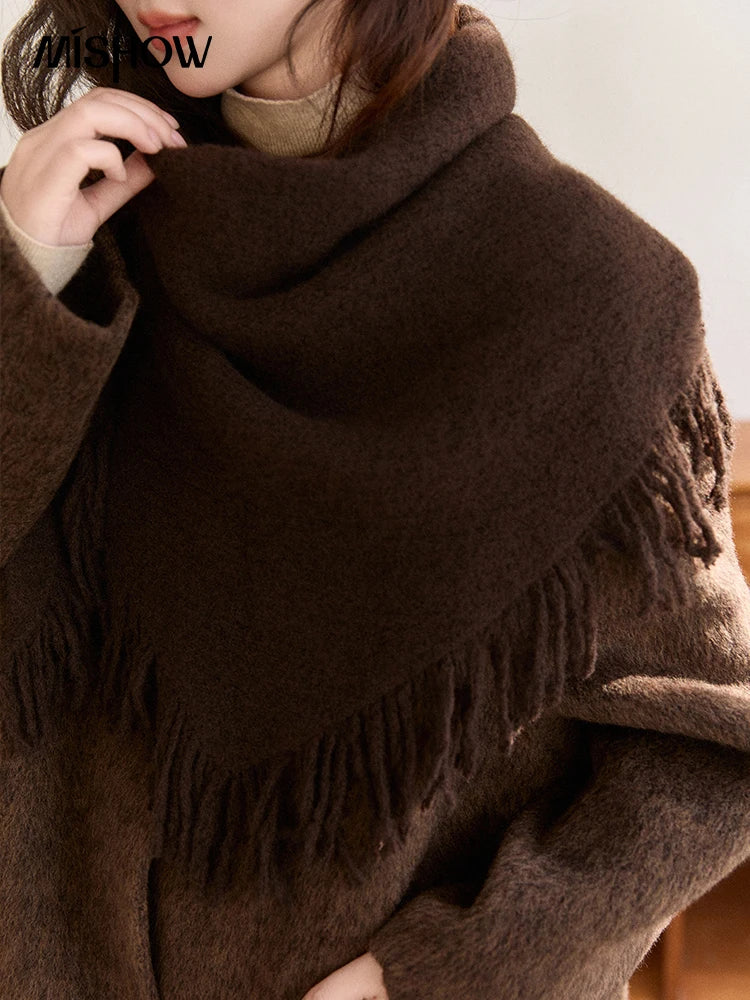 MISHOW Women's Woolen Coat with Scarf Winter Invisible Buckle Design Wool Overcoat Loose Elegant Warm Outerwear MXE93W1030