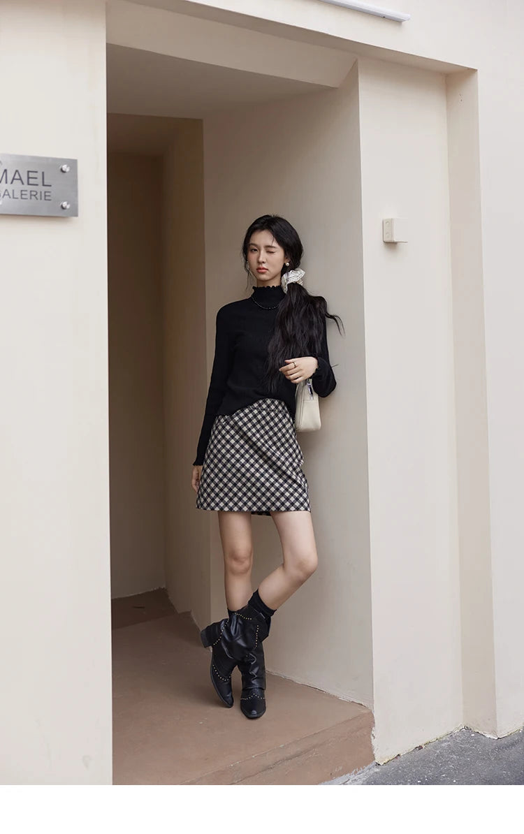 MISHOW Bottom Knitted Sweater Women Ruffled Edge High Collar Long Sleeve 2025 Winter Solid Slim Thin Internal Tops MXD48Z0850