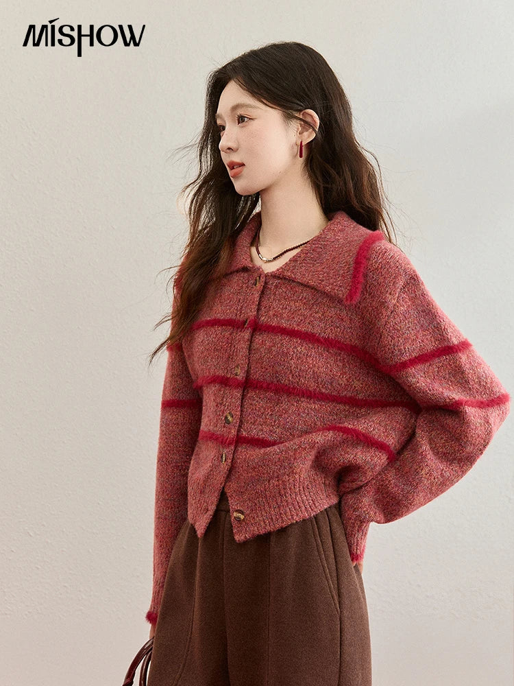 MISHOW Christmas Women's Retro Red Striped Large Lapel Knitted Cardigan 2025 Winter Color Block Fleece Patchwork Tops MXE94Z2888