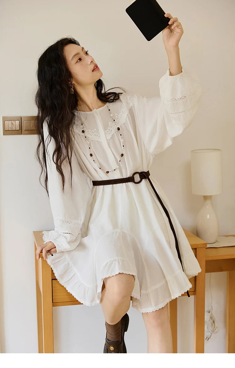 MISHOW Woman White Dress 2025 Autumn French Style O-neck Lace Ruffled Lantern Sleeves Dress Long Sleeves Party Dress MXE46L2519